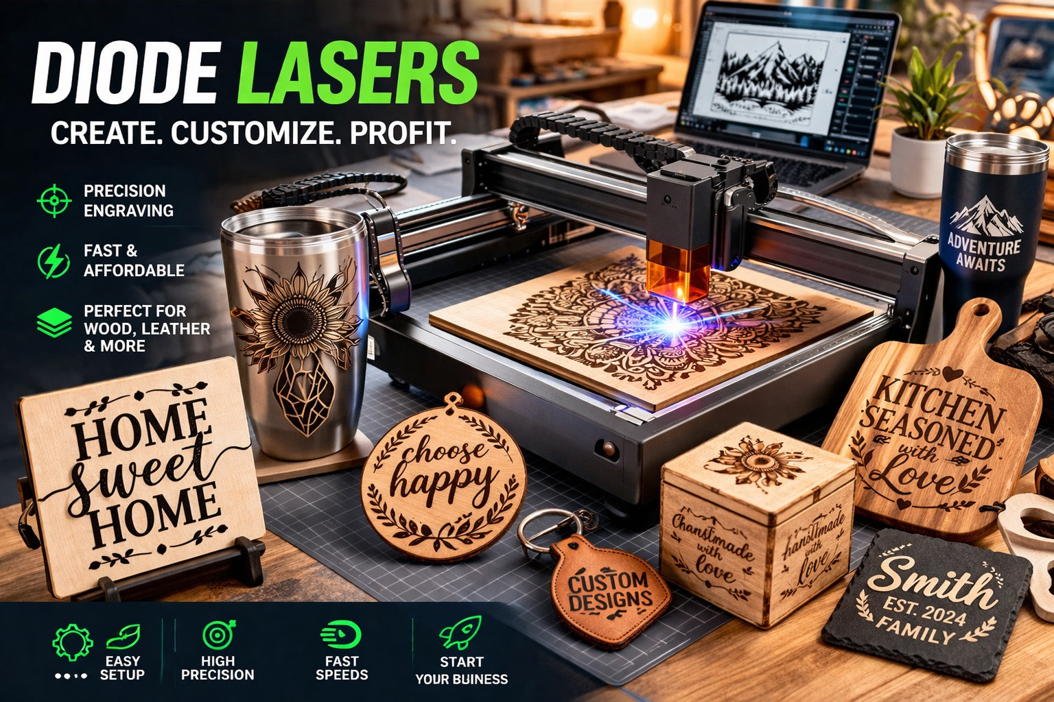 Diode laser engraver creating detailed wood engraving surrounded by custom products like signs, leather goods, and tumblers