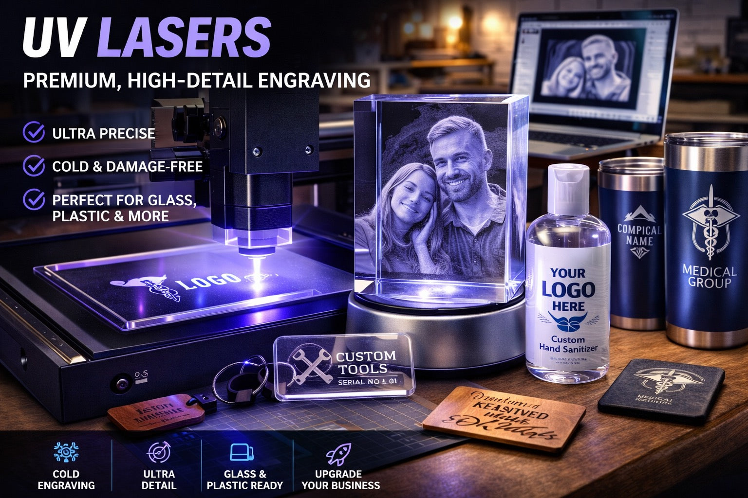 UV laser engraving machine marking glass and plastic items with a 3D crystal photo engraving in a modern workshop setting