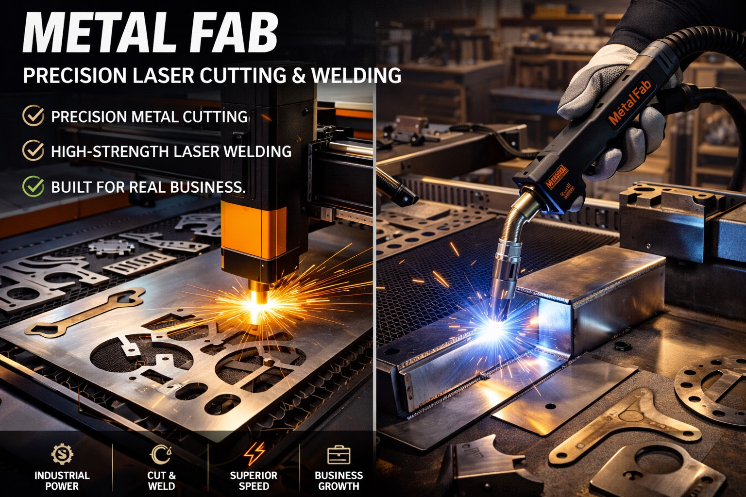 Laser cutting and laser welding in action on metal parts, showcasing precision fabrication with sparks and industrial equipment in a workshop.