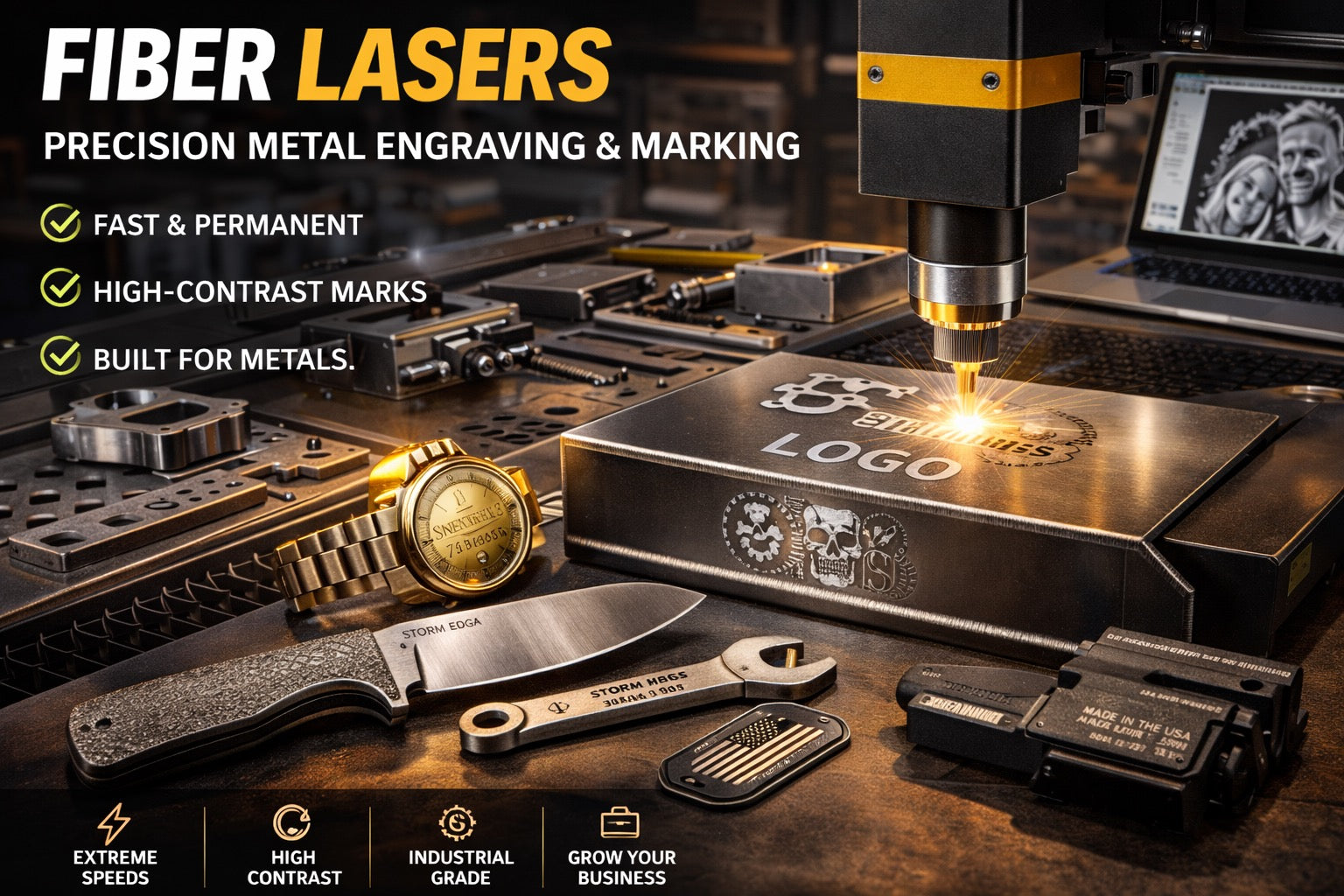 Fiber laser engraving detailed markings on metal tools, knives, and industrial parts with high-contrast precision in a workshop.
