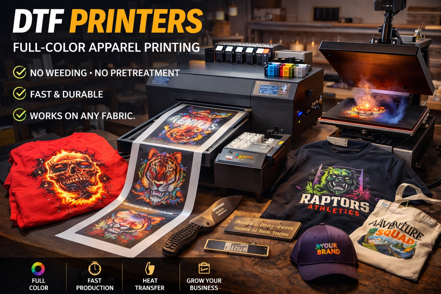 DTF printer producing vibrant full-color transfer film alongside heat press and finished custom apparel including t-shirts, hats, and bags in a professional workshop setting