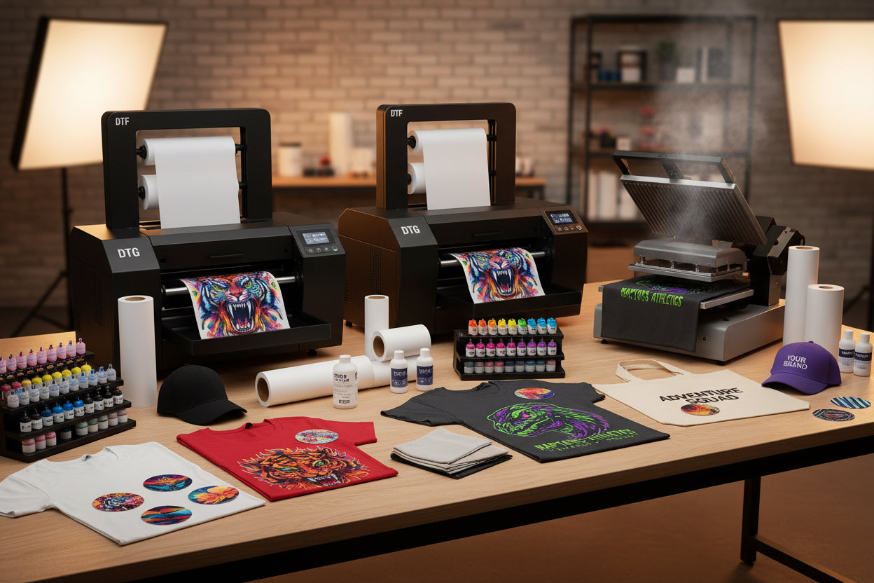 DTF & DTG Printers, heat press inks and shirts for apparel making.