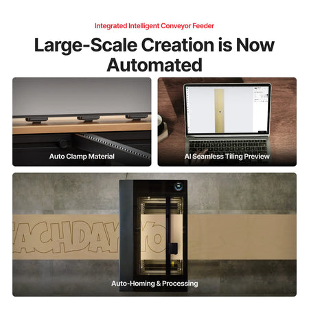 A computer showing tiling in the xTool studio app.  The xTool P3 CO2 Laser showing the auto-homing process and the P3 showing how it auto clamps material