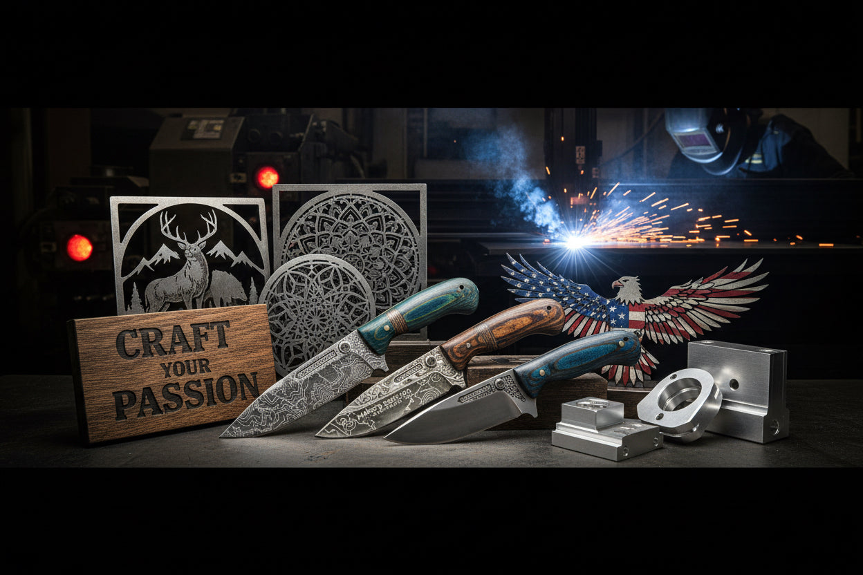 Person welding metal components with sparks, surrounded by various metal items including a 'Freedom' sign.