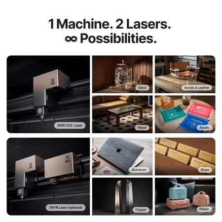 An illustration with several different projects showing what the 80w CO2 laser and the 5W IR laser can do.
