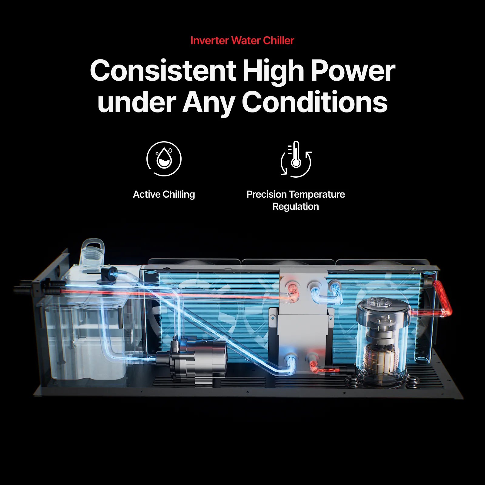 An illustration showing the active chilling and temperature regulation unit that is inside the xTool P# CO2 Laser.