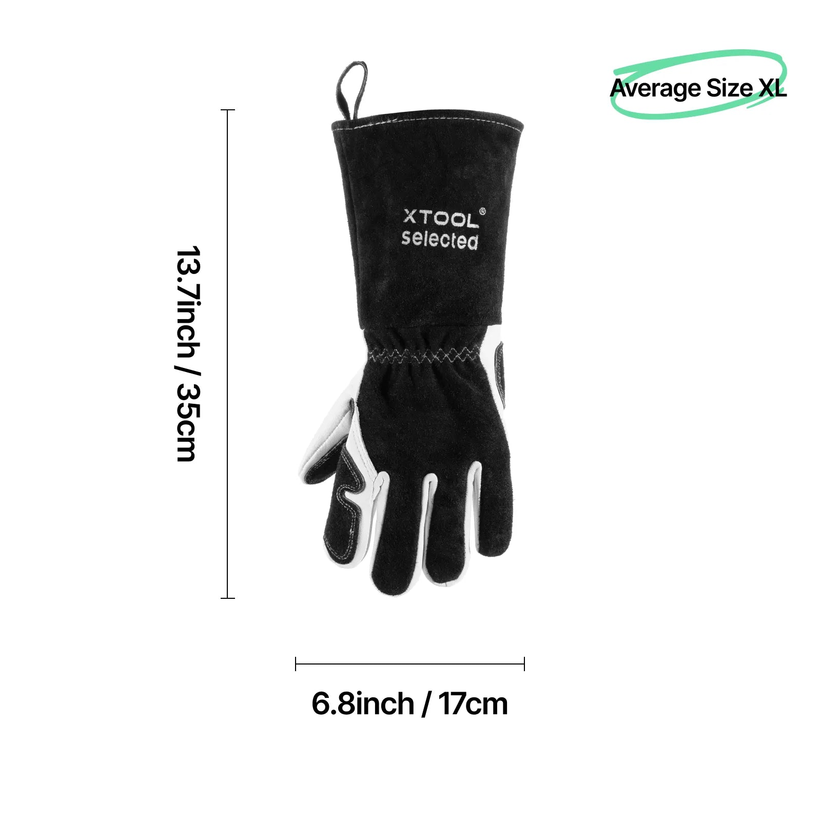 Black glove with measurements and XTool branding on a white background