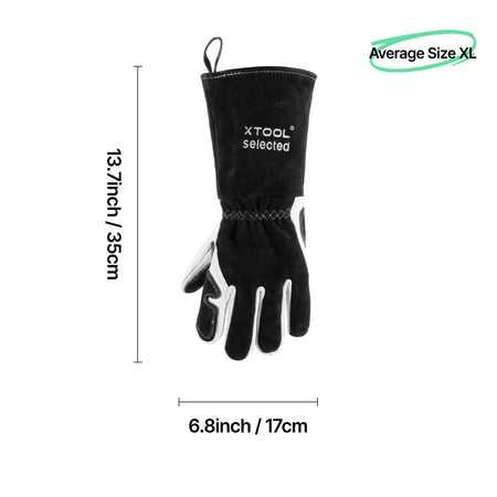 Black glove with measurements and XTool branding on a white background