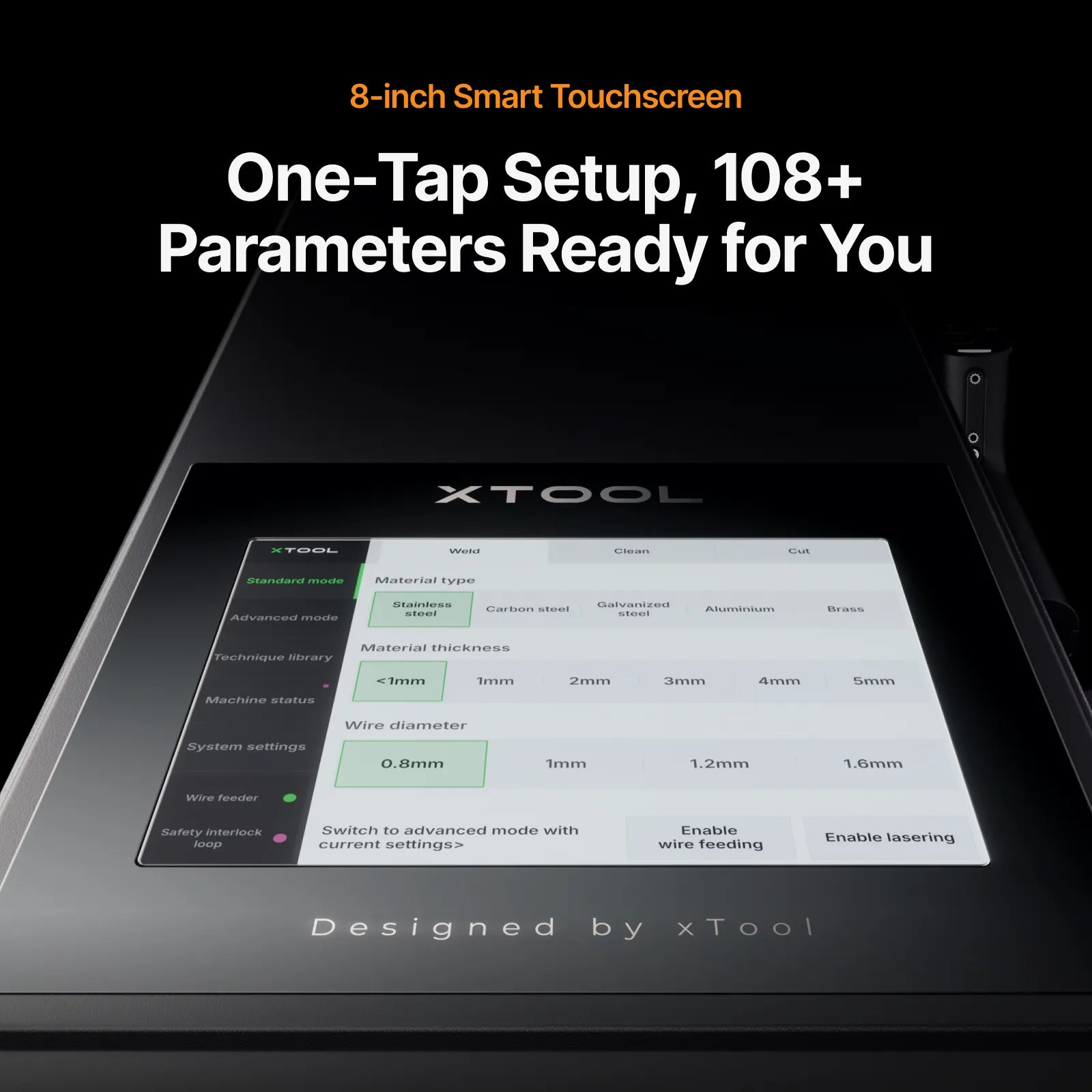 XTool 8-inch smart touchscreen with setup interface on a black background