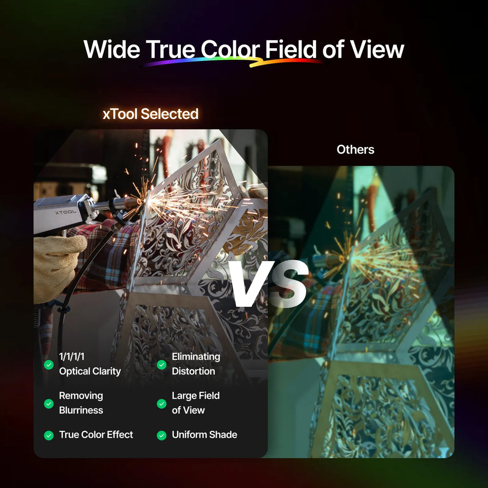 Comparison of wide true color field of view between xTool Selected and others, with a focus on welding and metalwork.