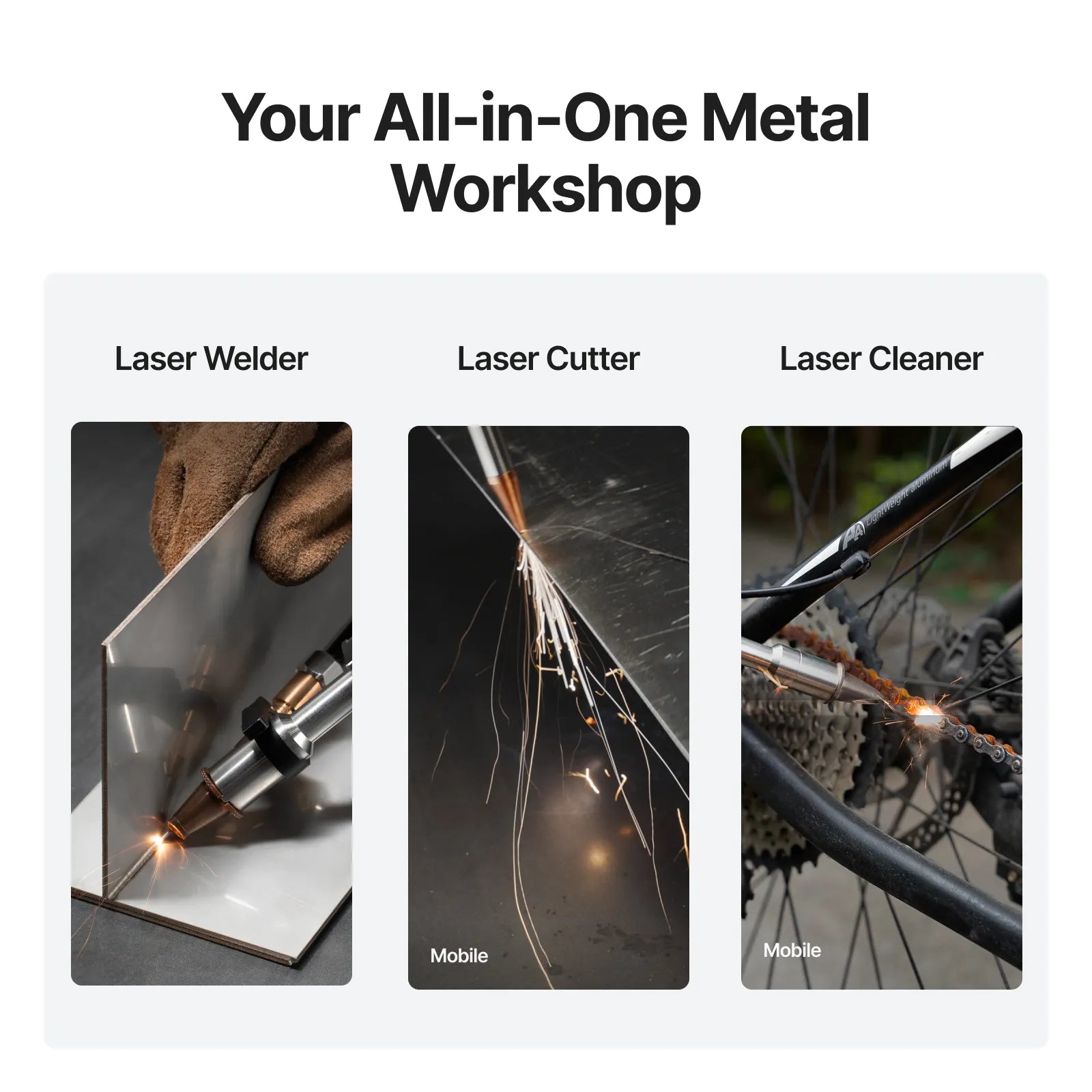 Promotional graphic for a laser welding, cutting, and cleaning system with images of each tool in action.