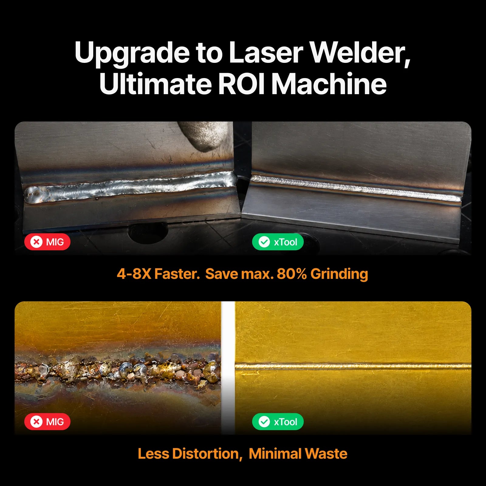 Advertisement for a laser welder with before and after images of welding results.