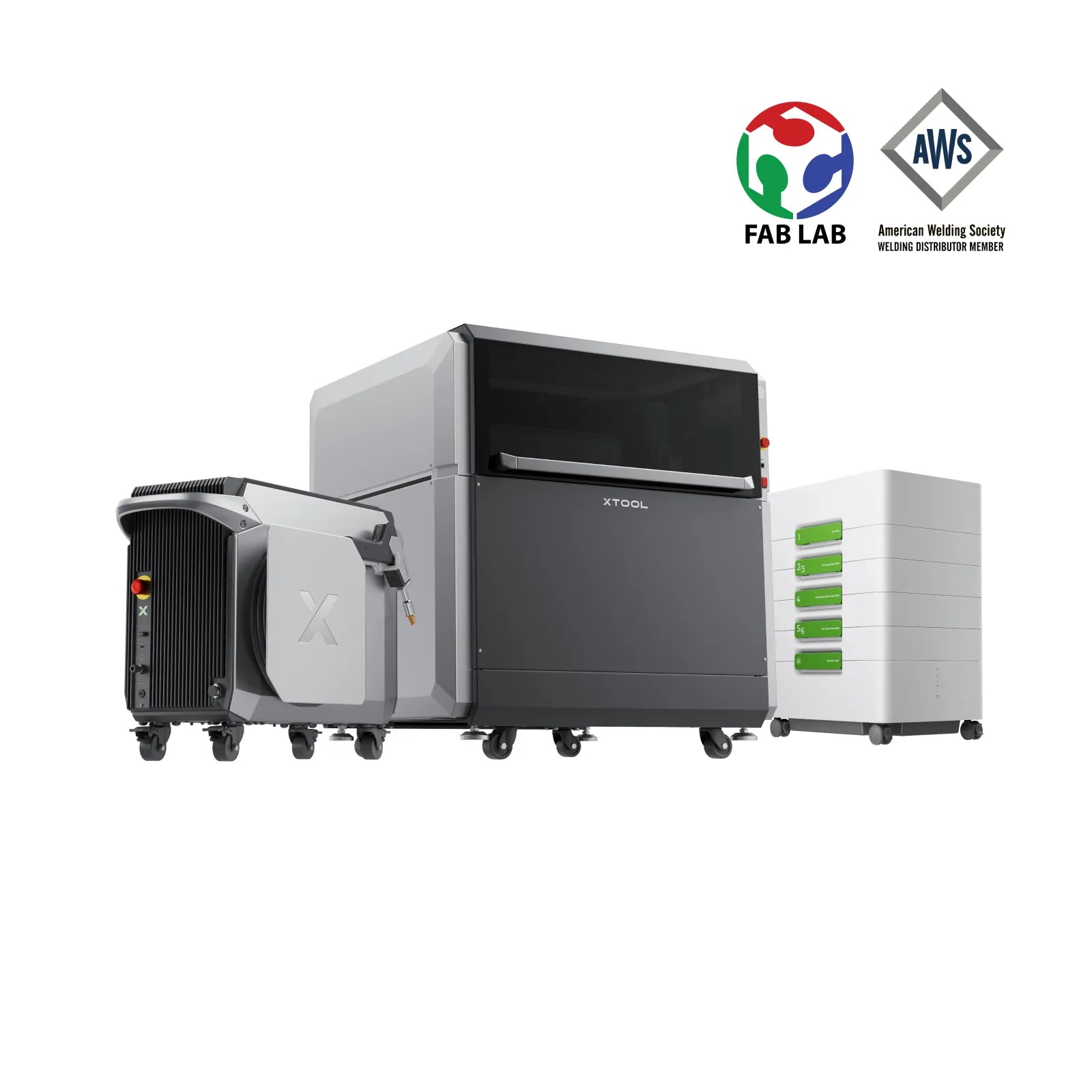 Three industrial machines with XTOOL branding on a white background, featuring AWS logos.
