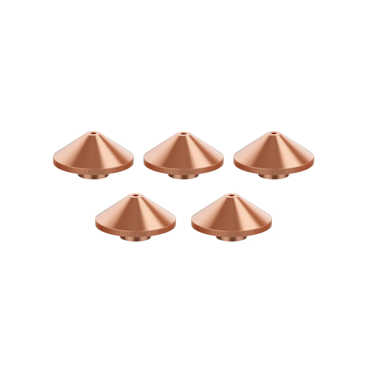 Five copper-colored cone-shaped objects on a white background