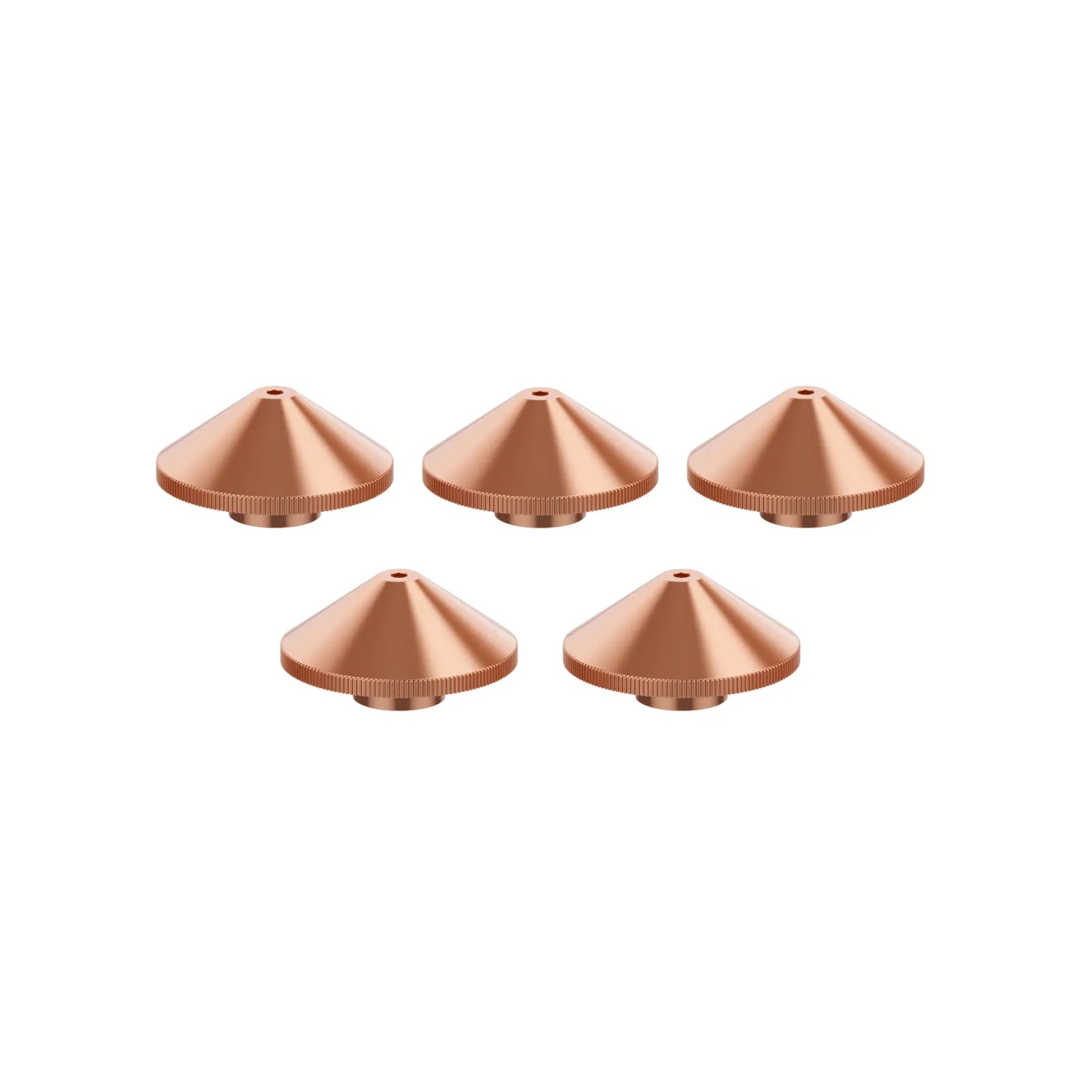 Five copper-colored cone-shaped objects on a white background