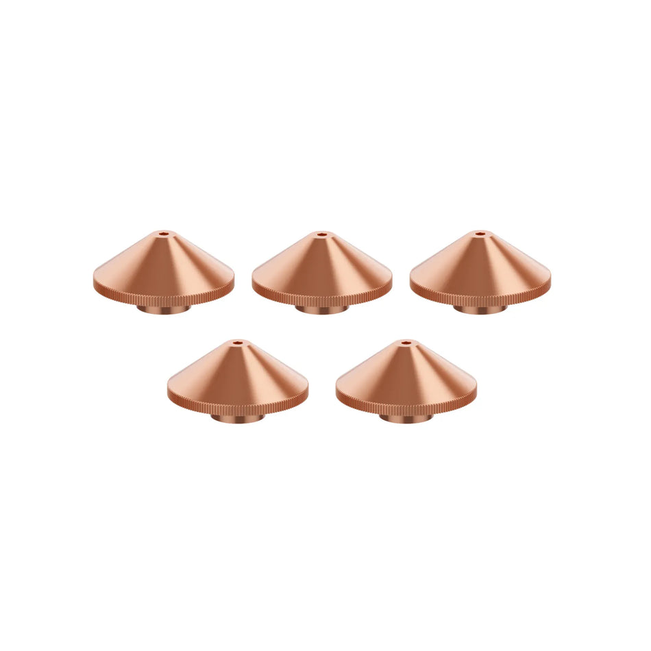 Five copper-colored cone-shaped objects on a white background