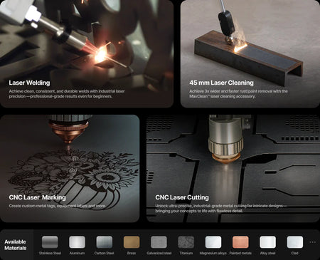 Collage of laser welding, cleaning, marking, and cutting processes with text descriptions and material options.