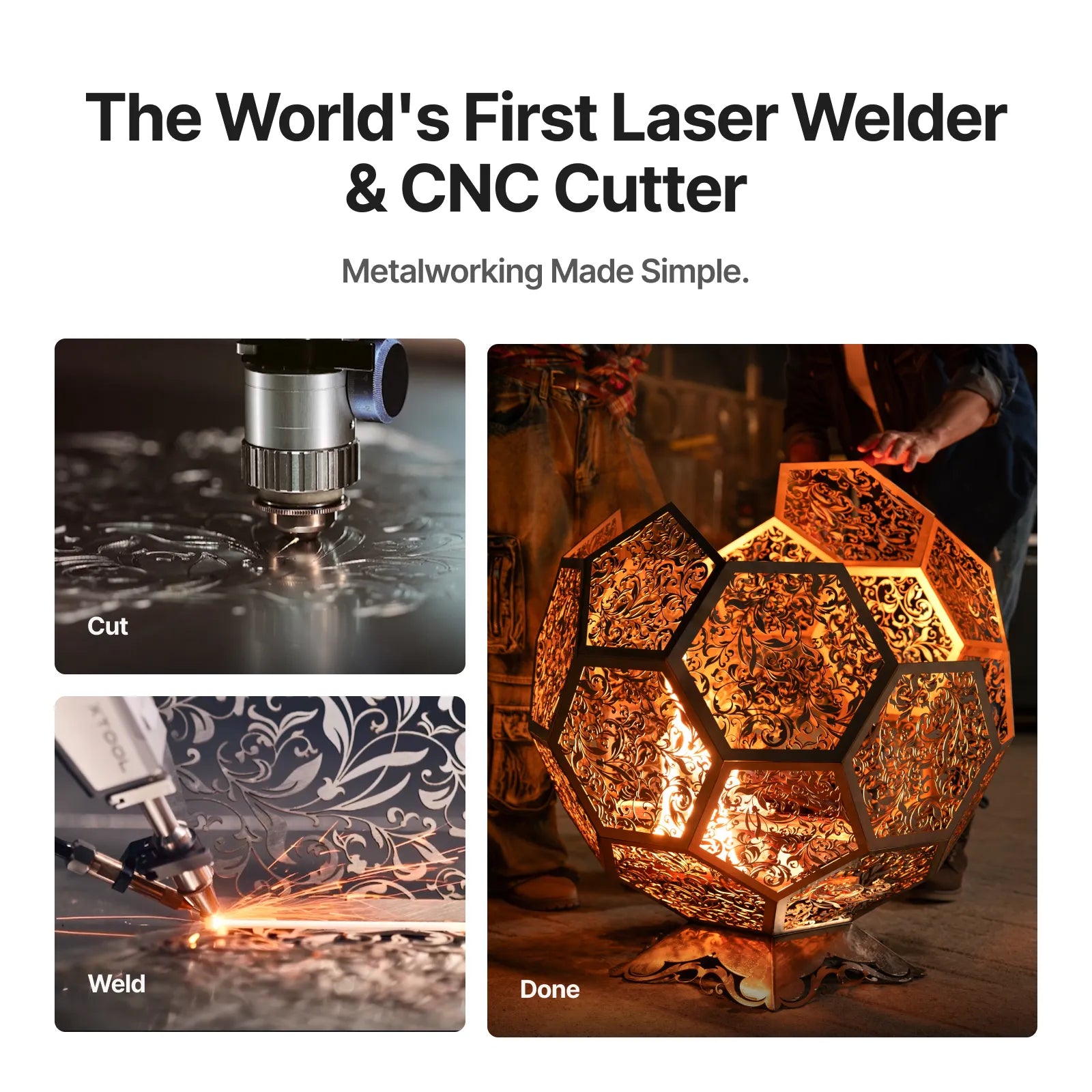 Advertisement for a laser welder and CNC cutter with images of metalworking processes and a finished product.