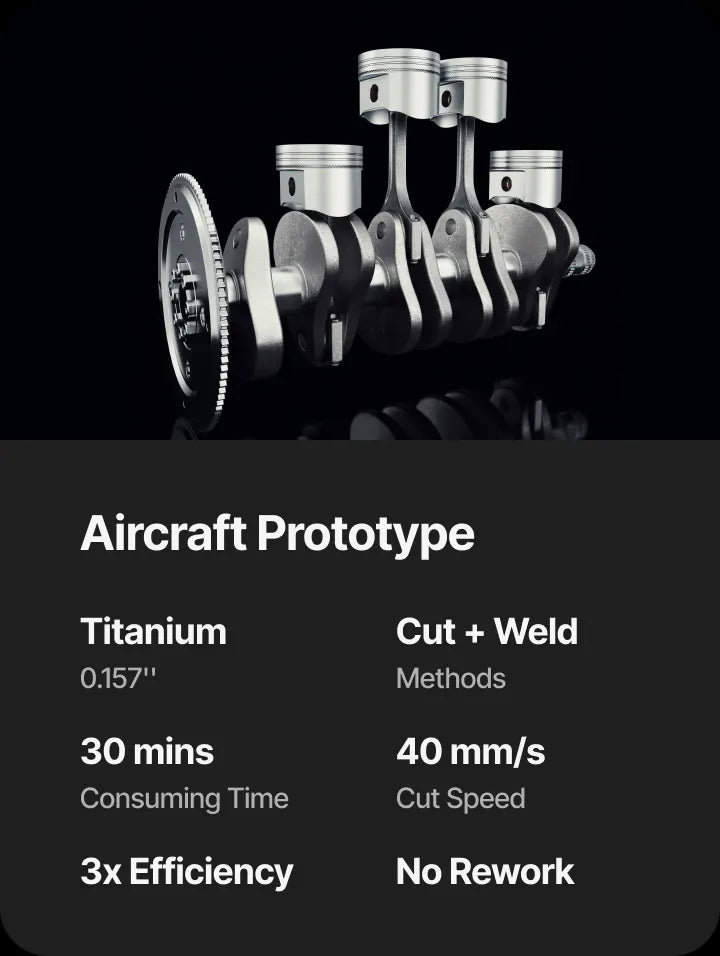 A dark promotional graphic showing a metallic aircraft engine prototype with pistons and connecting rods above text reading 'Aircraft Prototype' with material, cut/weld method, time, speed, and efficiency details.