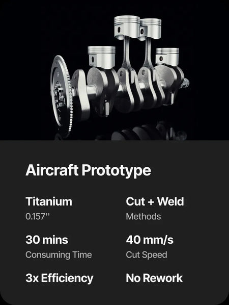 A dark promotional graphic showing a metallic aircraft engine prototype with pistons and connecting rods above text reading 'Aircraft Prototype' with material, cut/weld method, time, speed, and efficiency details.
