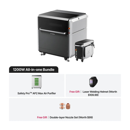 1200W All-in-one Bundle with Safety Pro AP2 Max Air Purifier, Laser Welding Helmet, and Double-layer Nozzle Set on a white background.