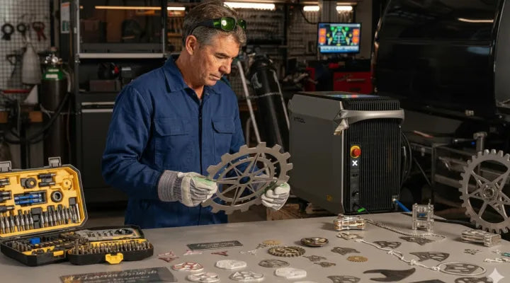 A man in a blue work jacket and gloves stands in a workshop holding a metal gear, surrounded by tools, small mechanical parts on a table, and a large machine in the background.