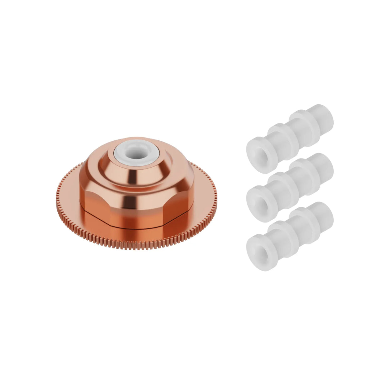 Copper-colored mechanical component with white tubes on a white background
