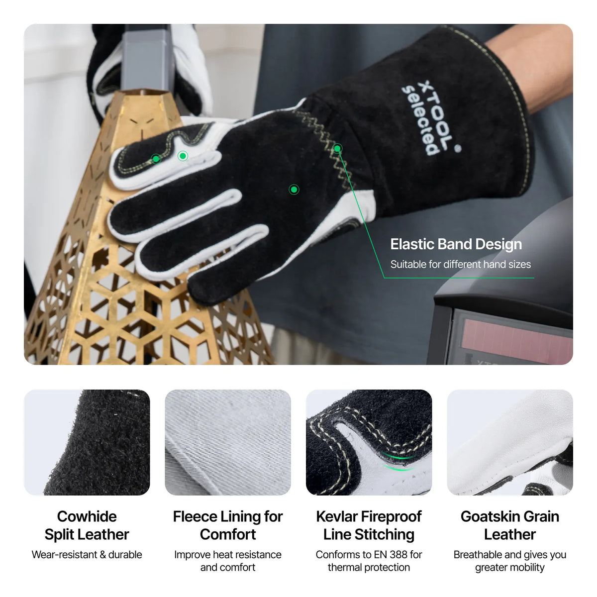 Black glove with white lining held by a person, featuring XTOOL branding, with text highlighting glove features.