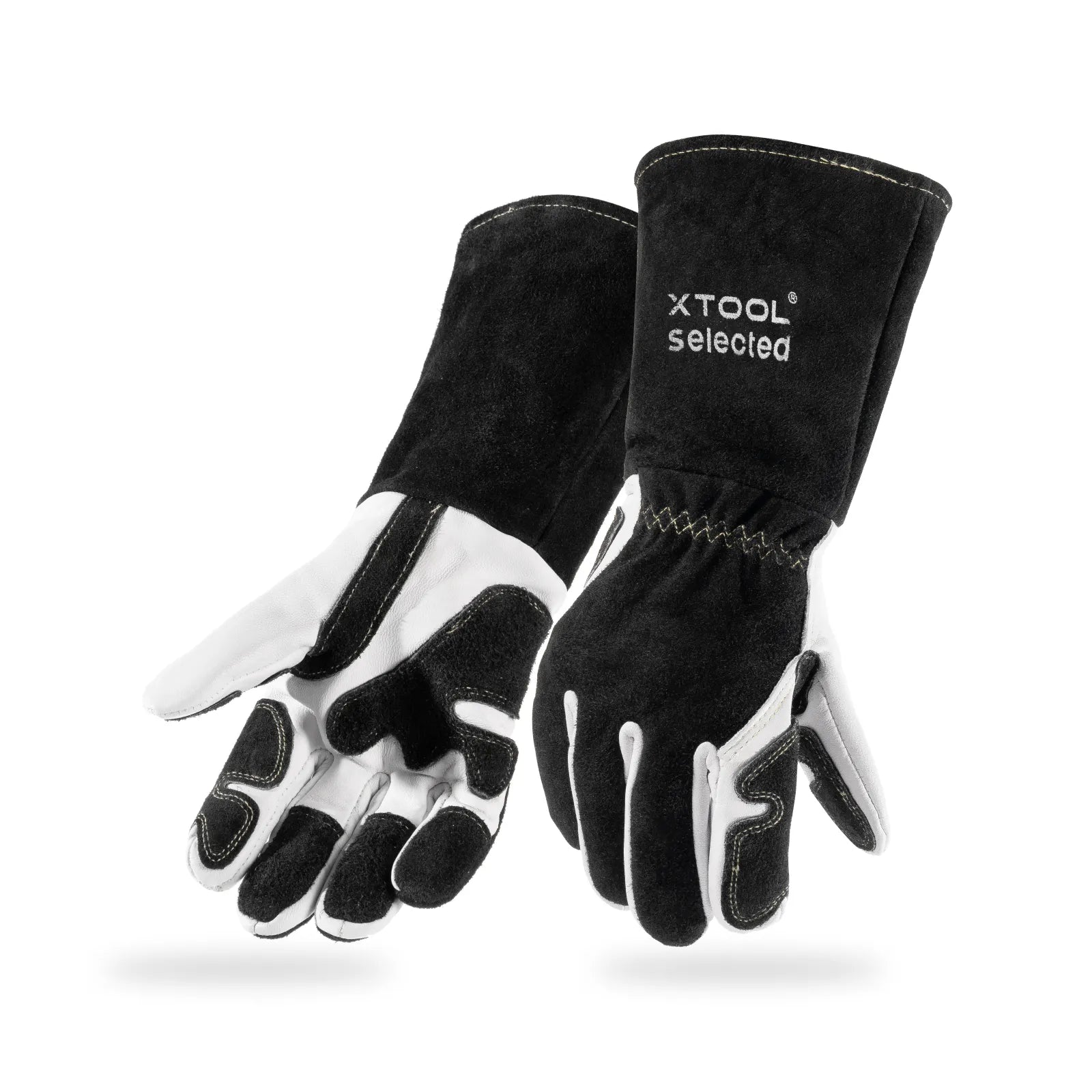 Pair of black and white gloves with XTOOL branding on a white background