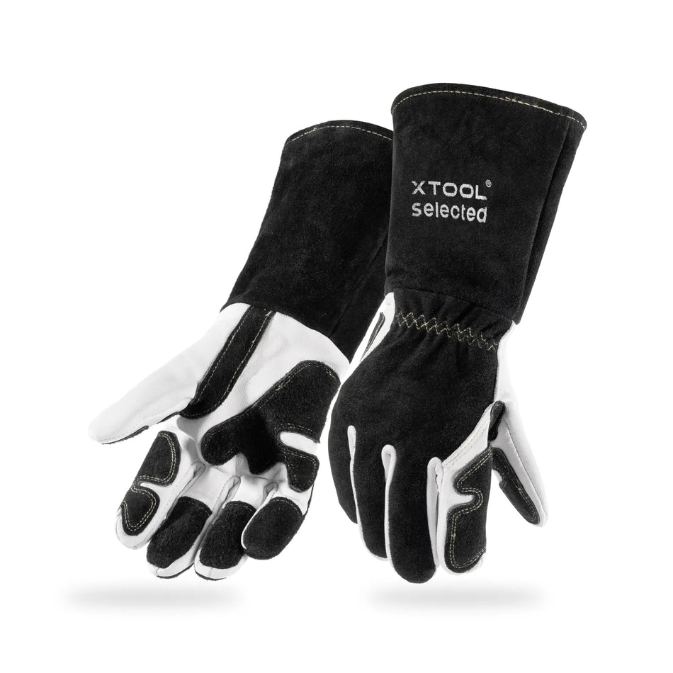 Pair of black and white gloves with XTOOL branding on a white background