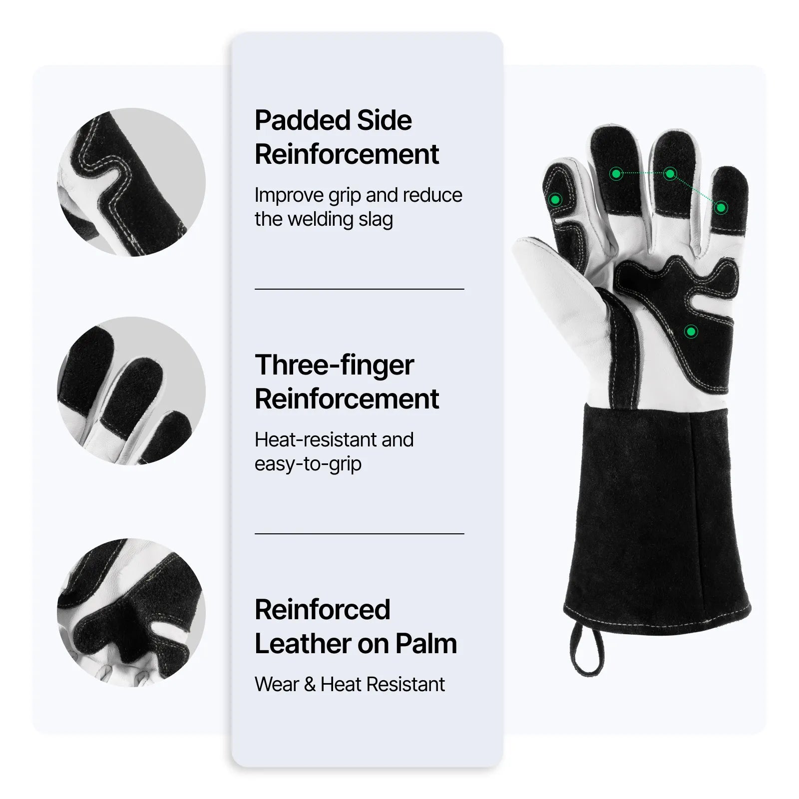 Welding glove with features highlighted on a white background