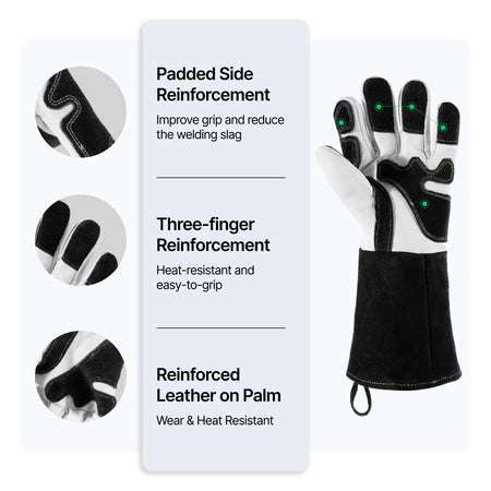 Welding glove with features highlighted on a white background