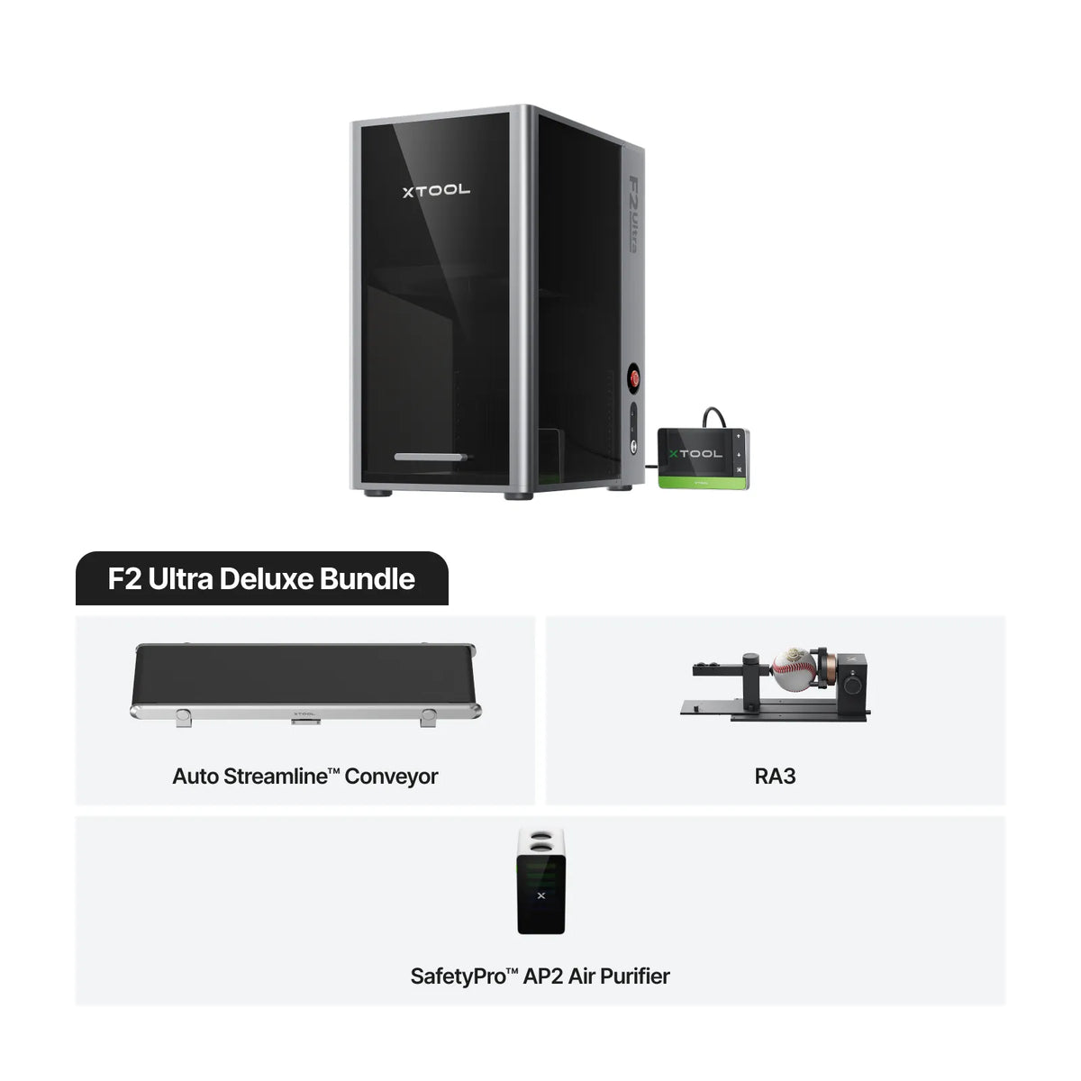 The xTool F2 Ultra with the conveyor, an ra3 rotary tool and the safety pro ap2 air purifier.