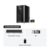The xTool F2 Ultra with the conveyor, an ra3 rotary tool and the safety pro ap2 air purifier.