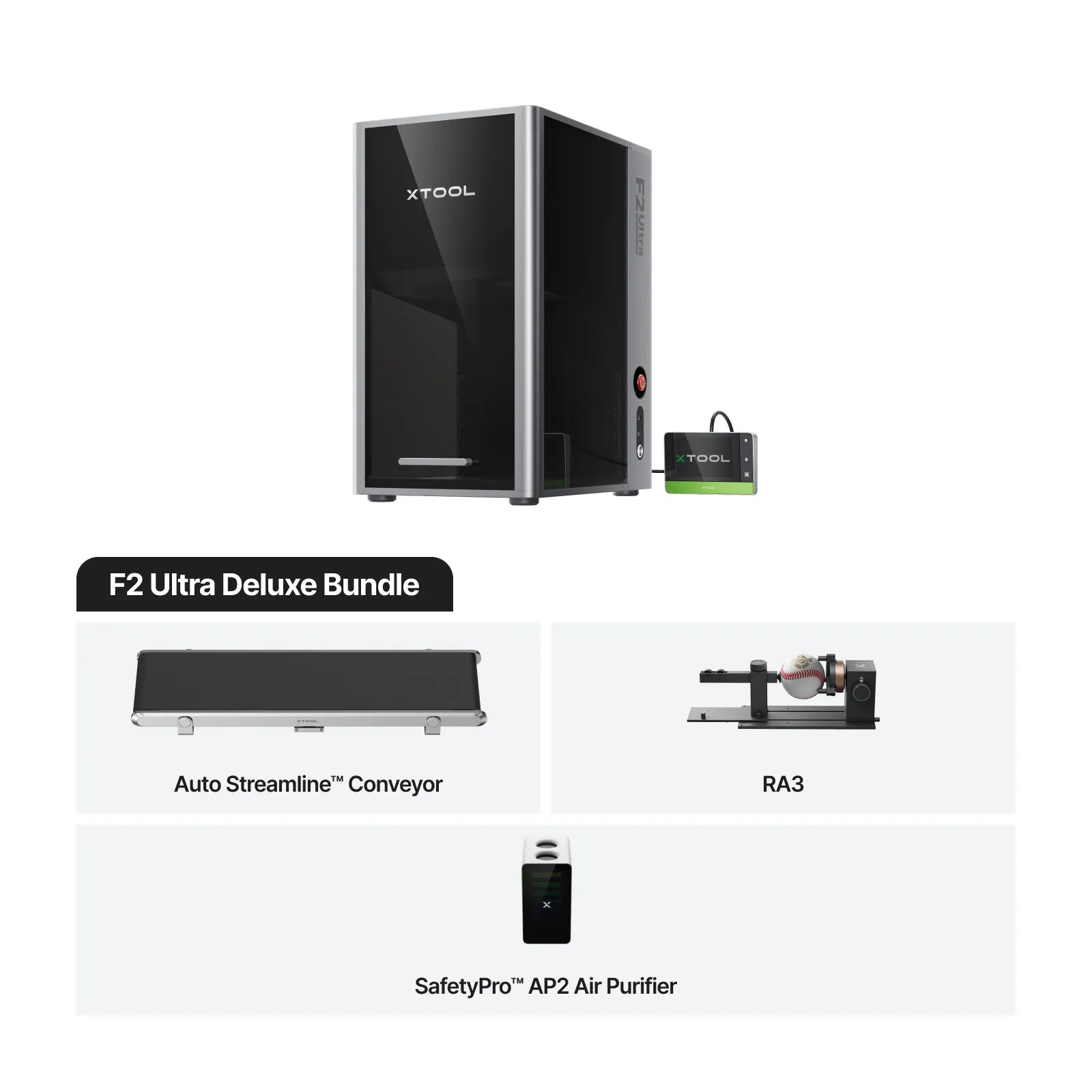 The xTool F2 Ultra with the conveyor, an ra3 rotary tool and the safety pro ap2 air purifier.