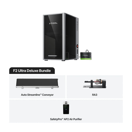 The xTool F2 Ultra with the conveyor, an ra3 rotary tool and the safety pro ap2 air purifier.