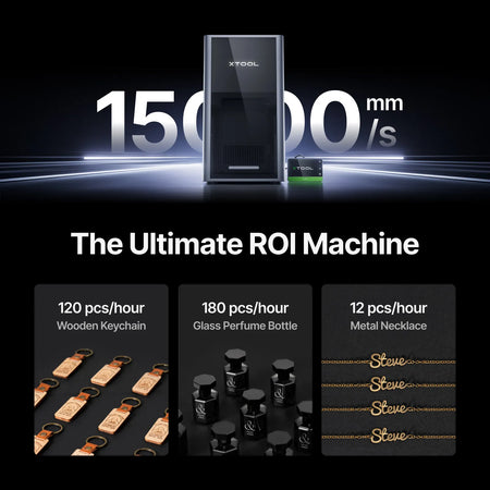 The xTool F2 Ultra showing ROI for wooden keychains, glass perfume bottle and metal necklaces.