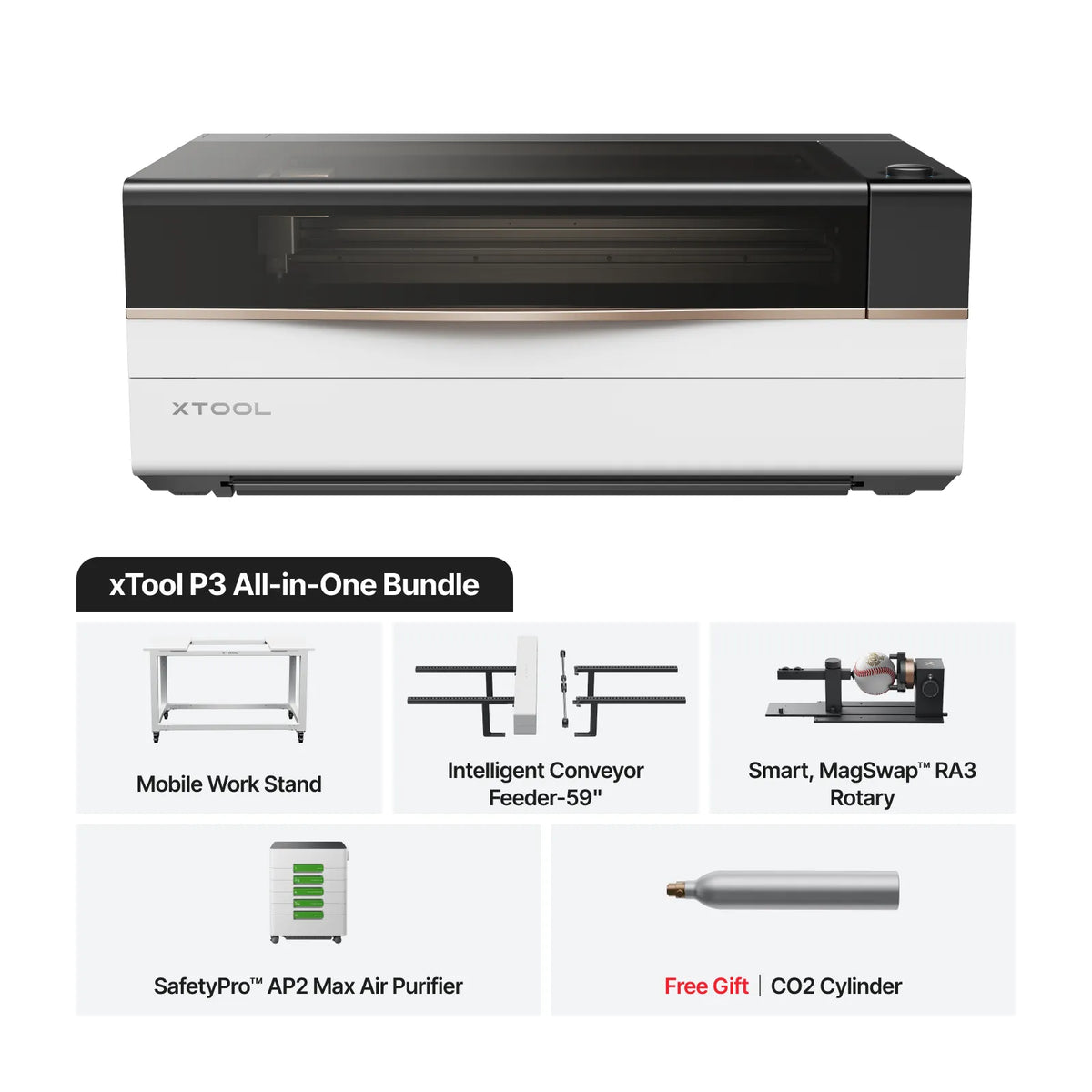 This shows all the different components that are included with the xTool P3 All-in-one bundle.  The xTool P3 CO2 Laser at the top, then the mobile work stand, conveyor, rotary, ap2 max air purifier and a co2 cylinder.