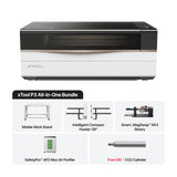 This shows all the different components that are included with the xTool P3 All-in-one bundle.  The xTool P3 CO2 Laser at the top, then the mobile work stand, conveyor, rotary, ap2 max air purifier and a co2 cylinder.