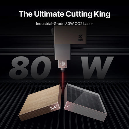 A cutting illustration showing that the 80 watt laser can cut 3/4" wood or 1" acrylic.