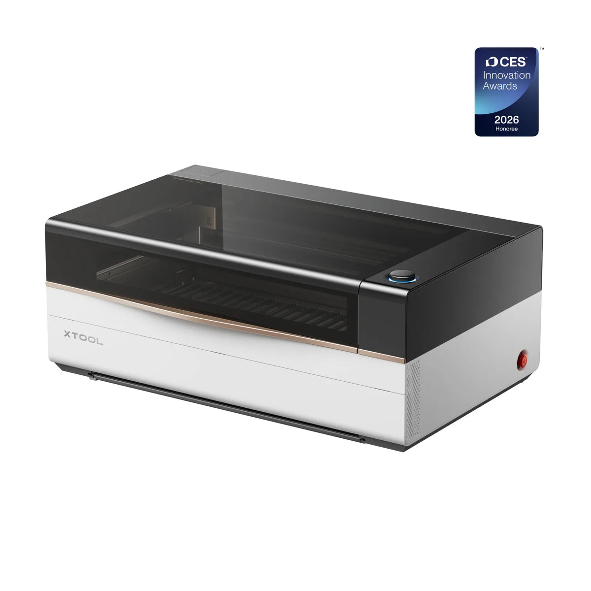 A white xTool P3 CO@ laser showing the front with the action button and part of the side with the e-stop.