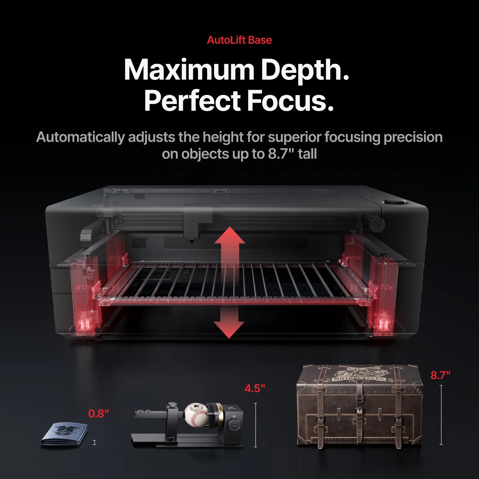 An illustration of the inside depth of the xTool P3 showing that it can fit objects up to 8.7" tall inside the machine.