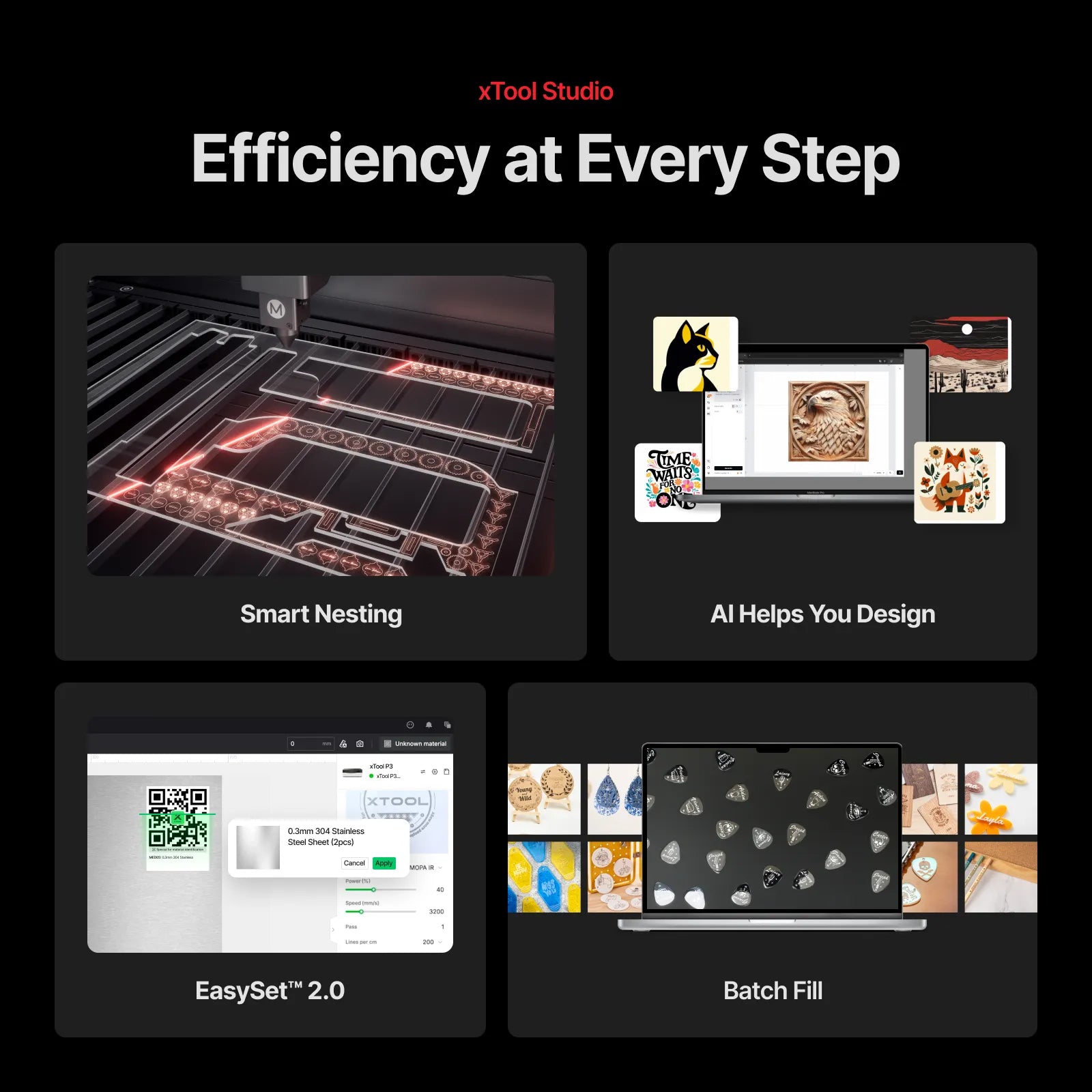 A collage of images showing what you can do with the P3 using the xTool Studio software including smart nesting, designing, easy set and batch fill.