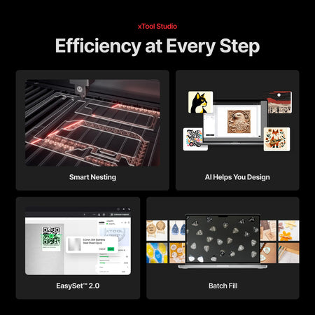 A collage of images showing what you can do with the P3 using the xTool Studio software including smart nesting, designing, easy set and batch fill.