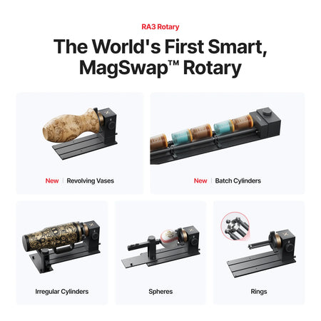 The xTool RA3 Rotary attachment showing the different projects that it can be used for.