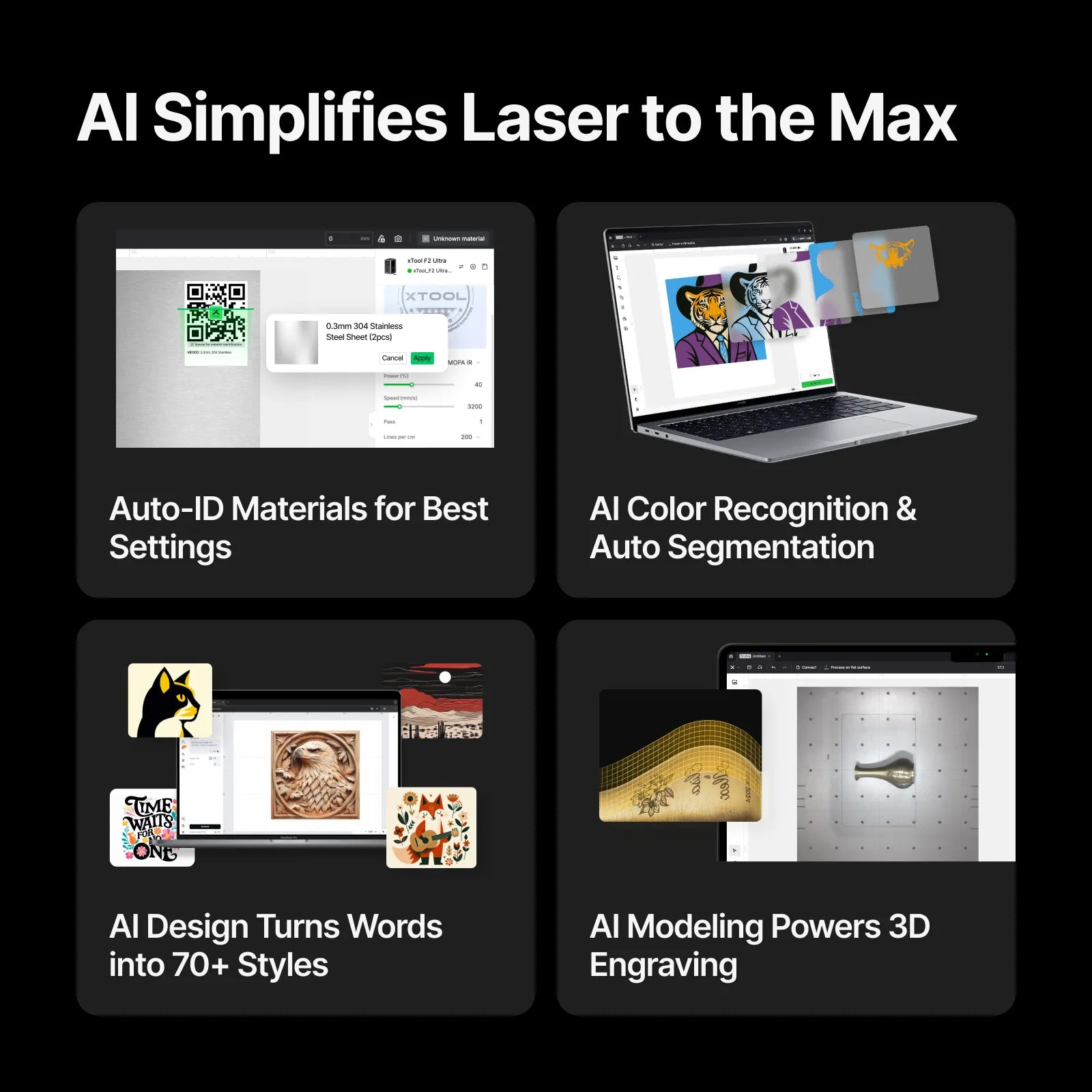 A slide series showing the different items you can create with AI in xTool studio