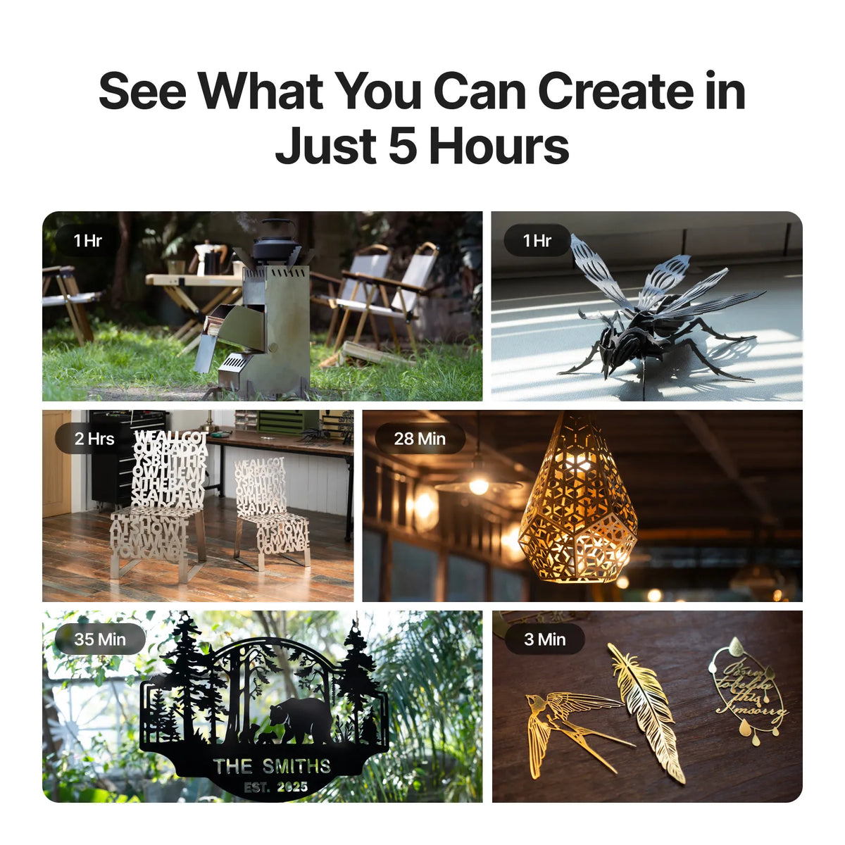 Collage of metal art pieces with time estimates on a white background