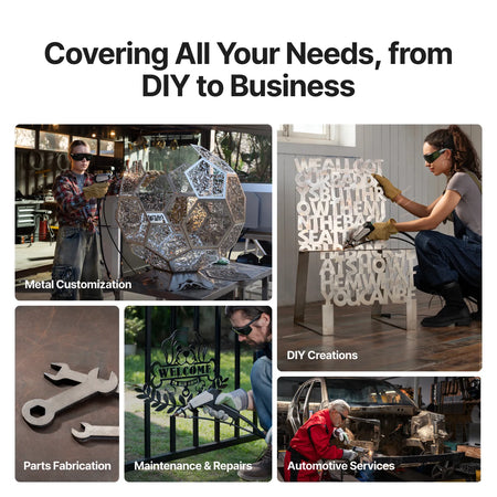 Collage of people working with metal in various settings, including customization, fabrication, and automotive services.