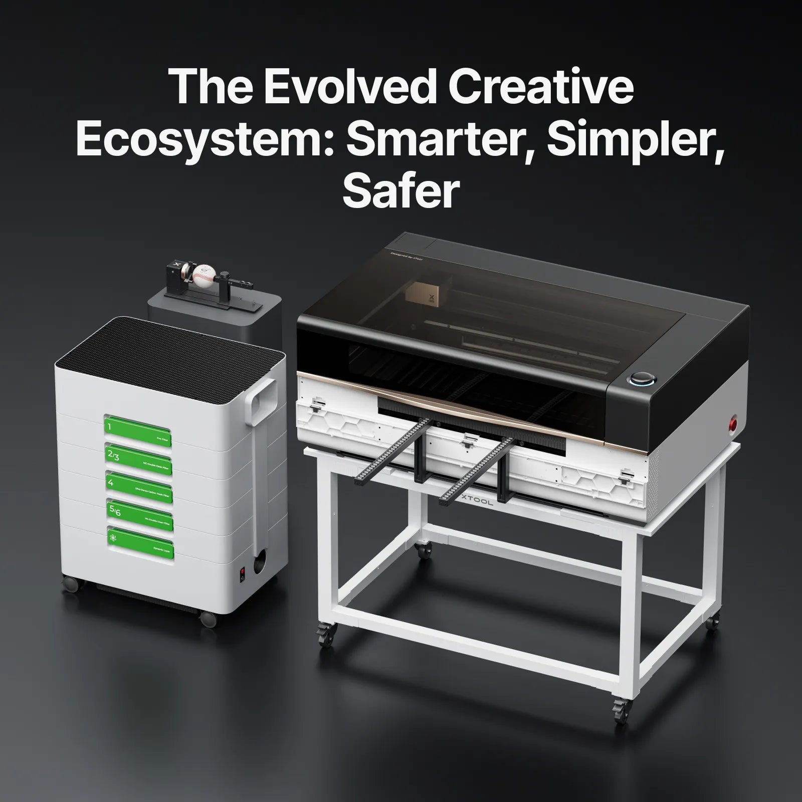 The xTool P3 CO2 laser with conveyor on the xTool stand.  To the left of the P3 is the AP2 Max air purifier and behind it sitting on a pedestal is the RA3 rotary attachment.