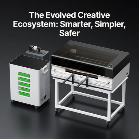 The xTool P3 CO2 laser with conveyor on the xTool stand.  To the left of the P3 is the AP2 Max air purifier and behind it sitting on a pedestal is the RA3 rotary attachment.